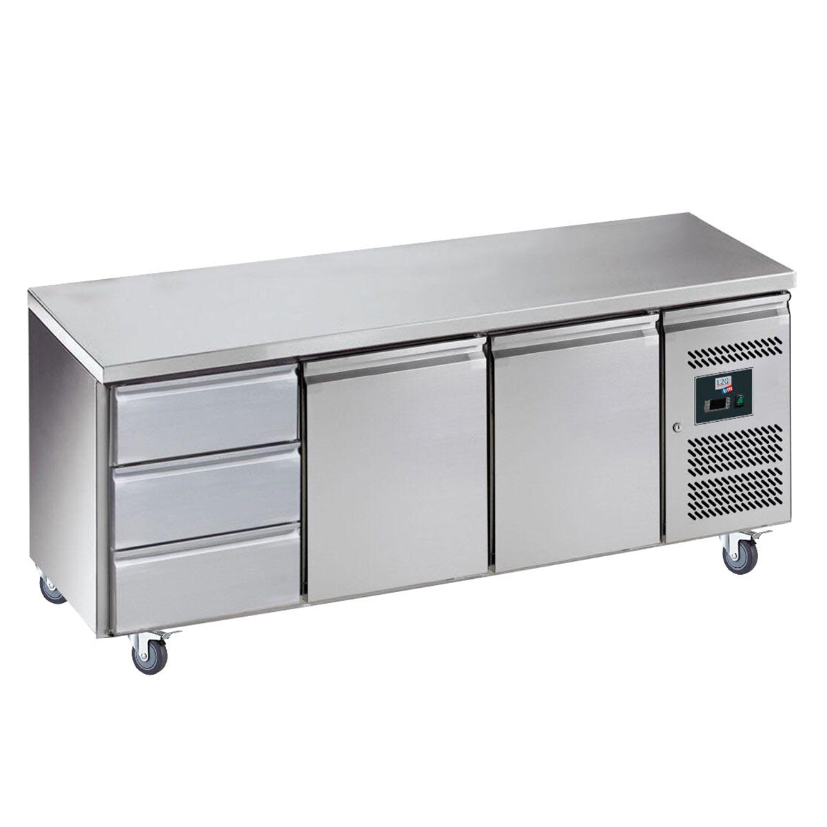 Desserte réfrigérée inox centrale, 2 portes 3 tiroirs, GN1/1, -2/+8°c