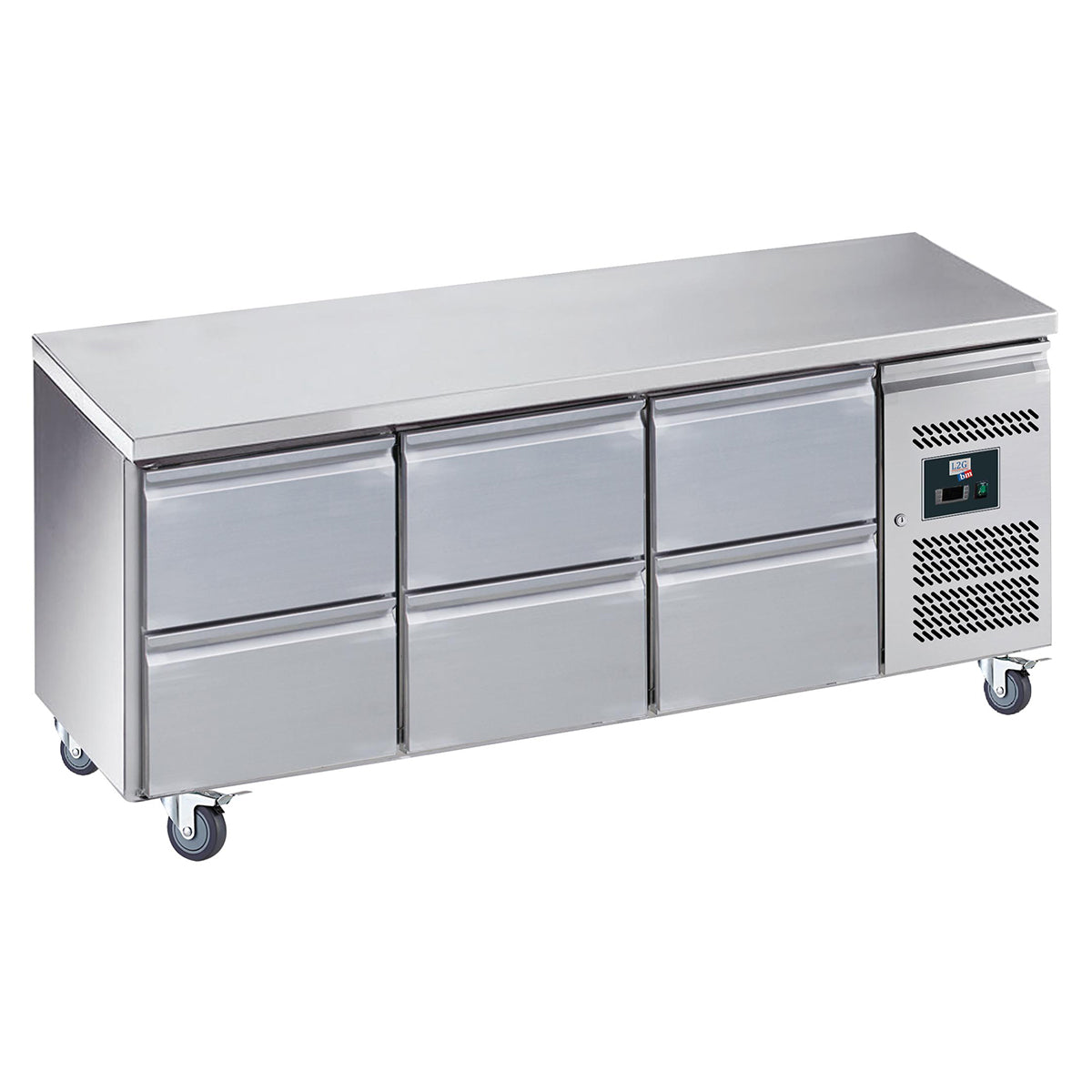 Desserte réfrigérée inox centrale, 3x2 tiroirs, GN1/1, -2/+8°c