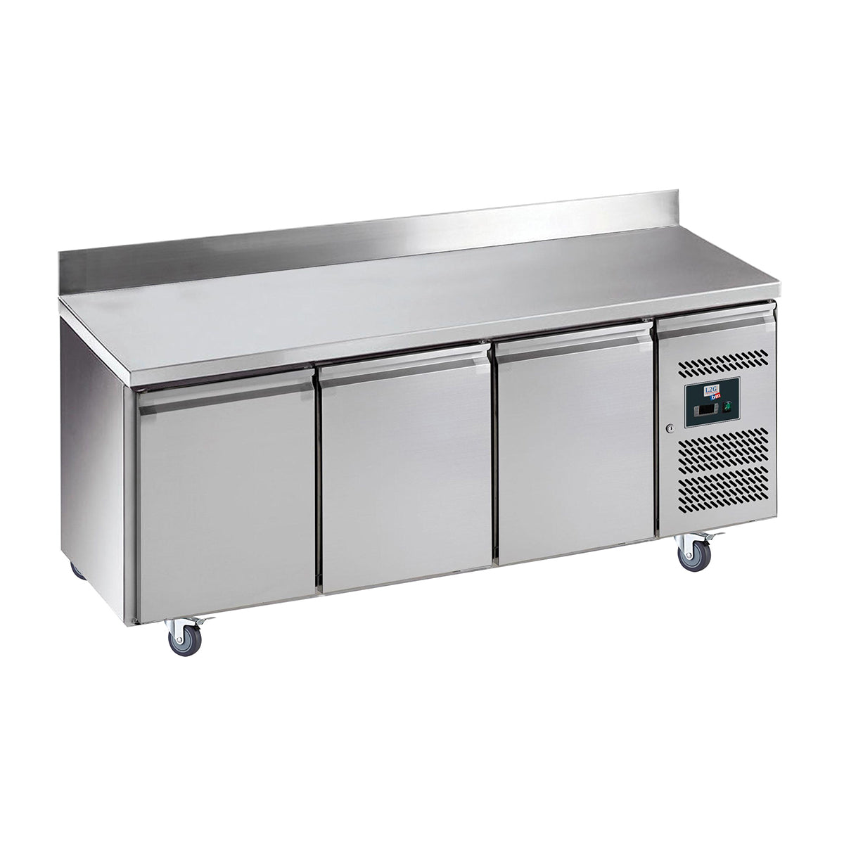 Desserte réfrigérée inox centrale avec dosseret, 3 portes, GN1/1, -2/+8°c