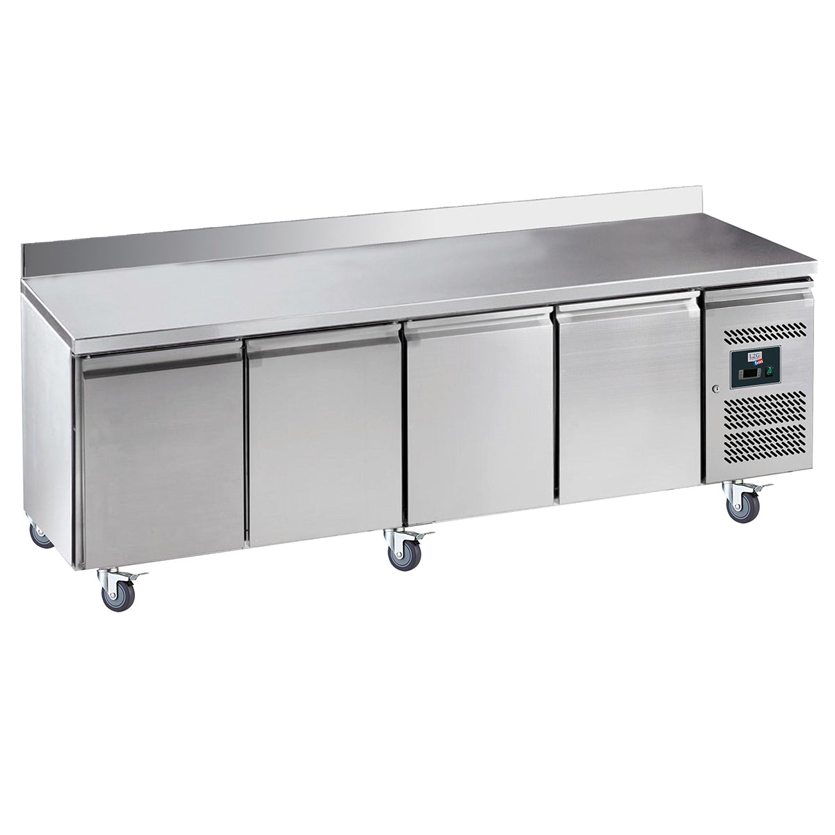 Desserte réfrigérée inox centrale avec dosseret, 4 portes, GN1/1, -2/+8°c