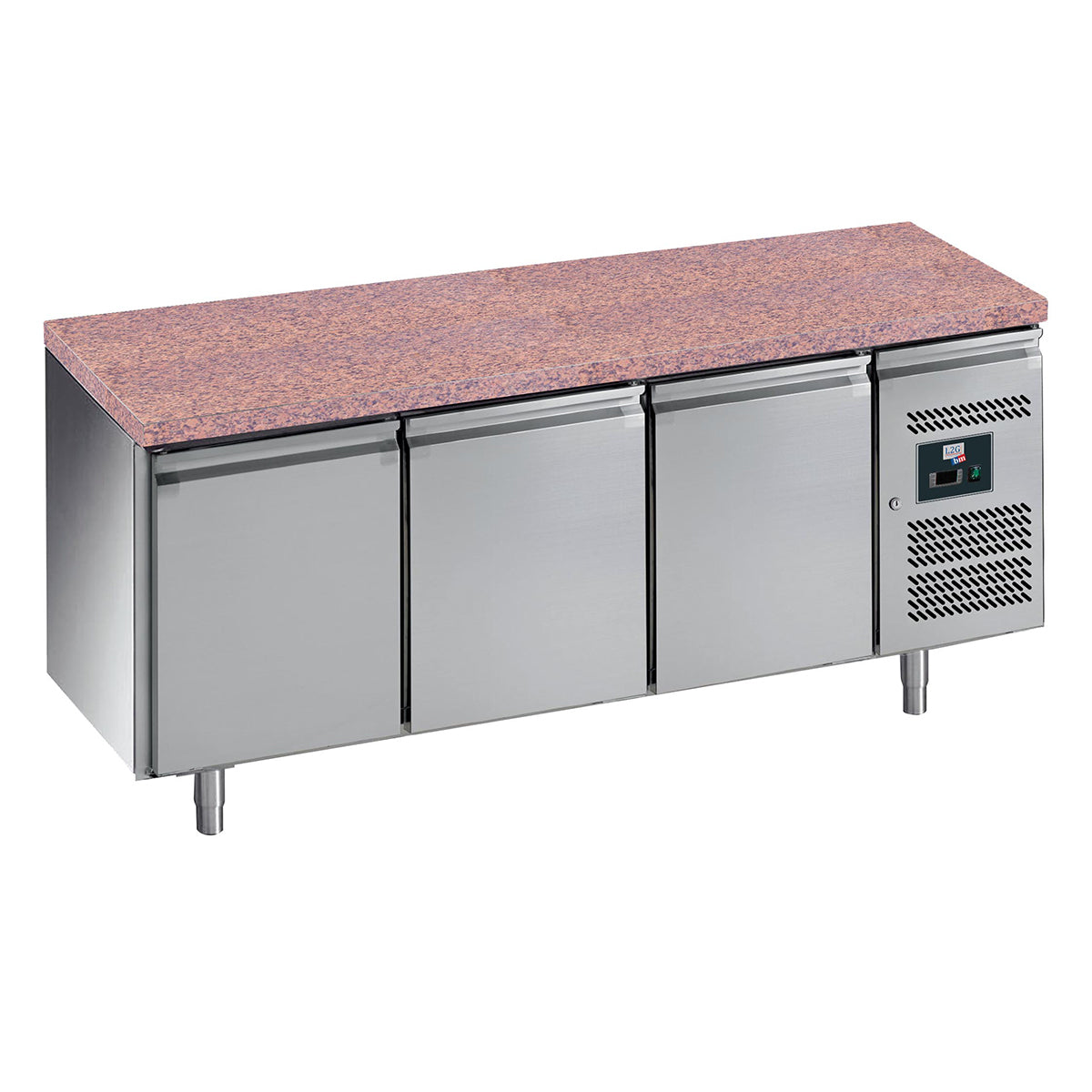 Desserte réfrigérée inox centrale, 3 portes, dessus granit -2/+8°c