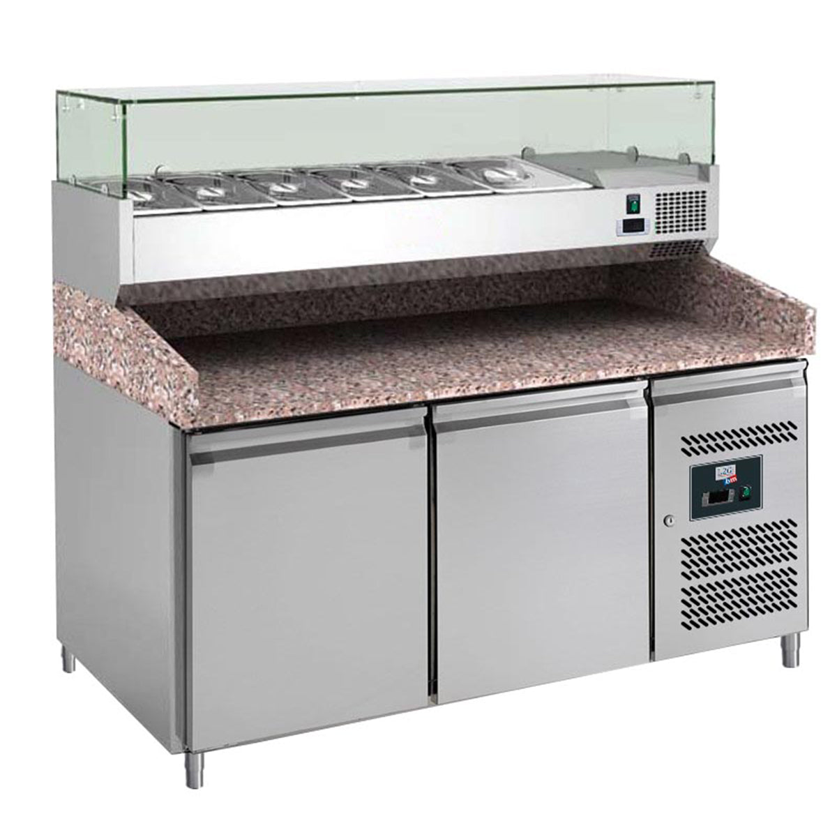 Table à pizzas dessus granit avec vitrine réfrigérée, 2 portes, +2/+8°c