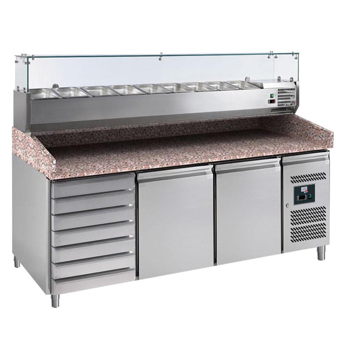 Table à pizzas dessus granit avec vitrine réfrigérée, 2 portes+7 tiroirs, +2/+8°c