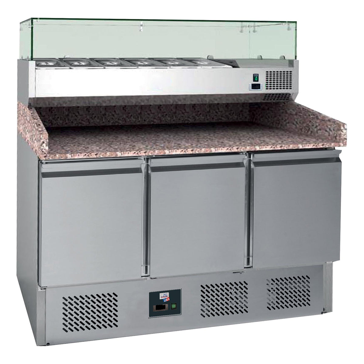 Table à pizzas dessus granit avec vitrine réfrigérée, 3 portes +2/+8°c
