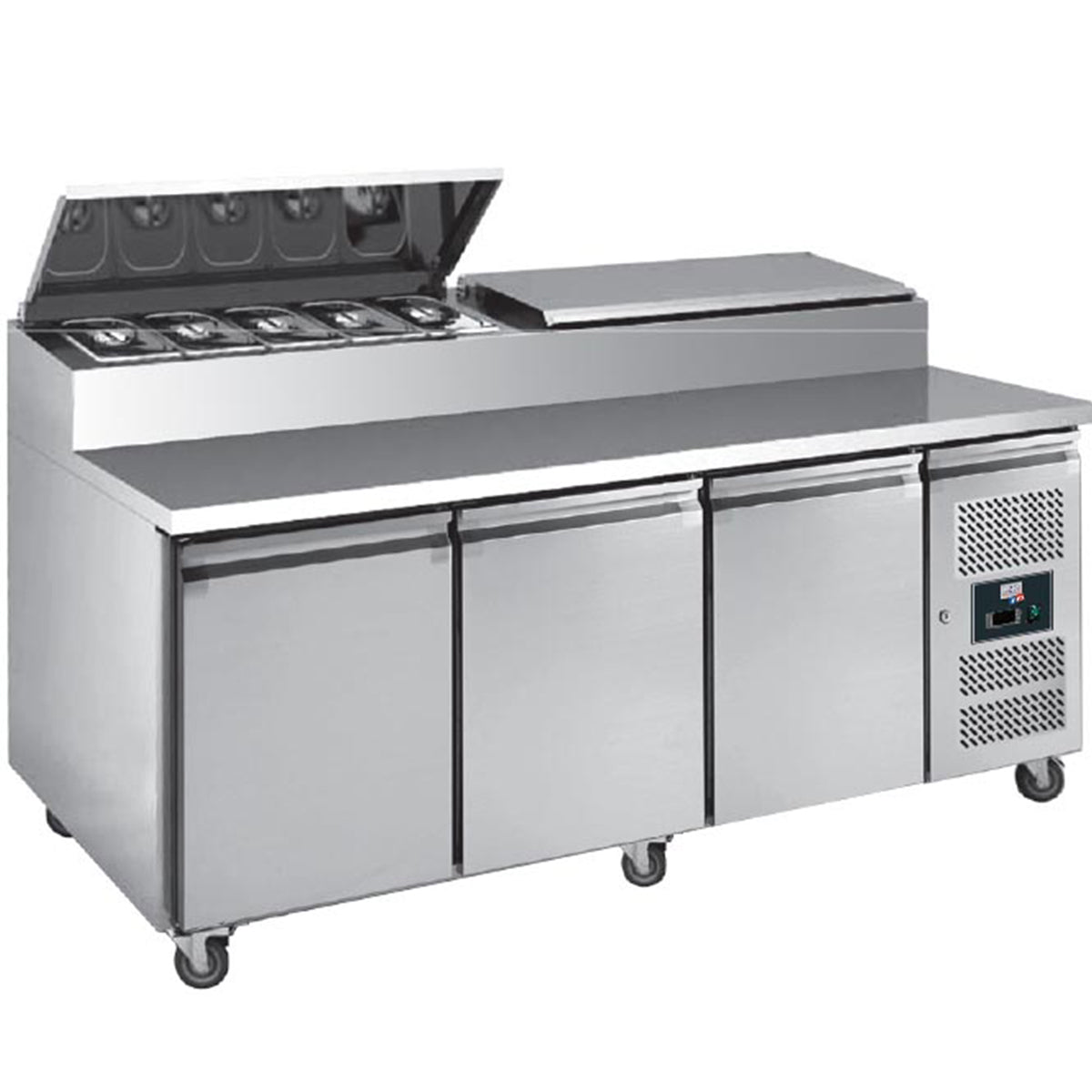 Tables à sandwichs groupe latéral avec couvercle inox, 3 portes +2/+8°c